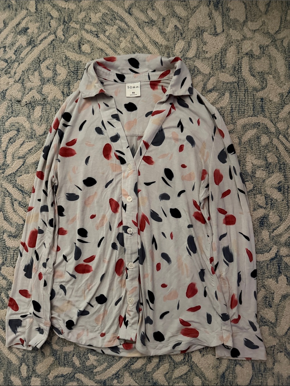 Soma Light Gray Button-Down Shirt with Red, Navy & Blush Spot Print